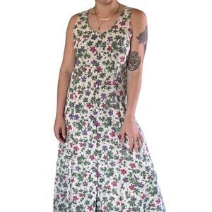 Vintage Woolrich Womens Linen Blend Floral Lagenlook Maxi Hippie Dress Sz M